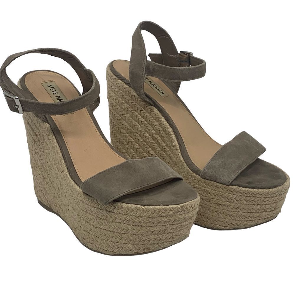 Steve Madden Alyssa Taupe‎ Suede Espadrille Wedge Sandals Ankle Strap Size 9M - Picture 6 of 7